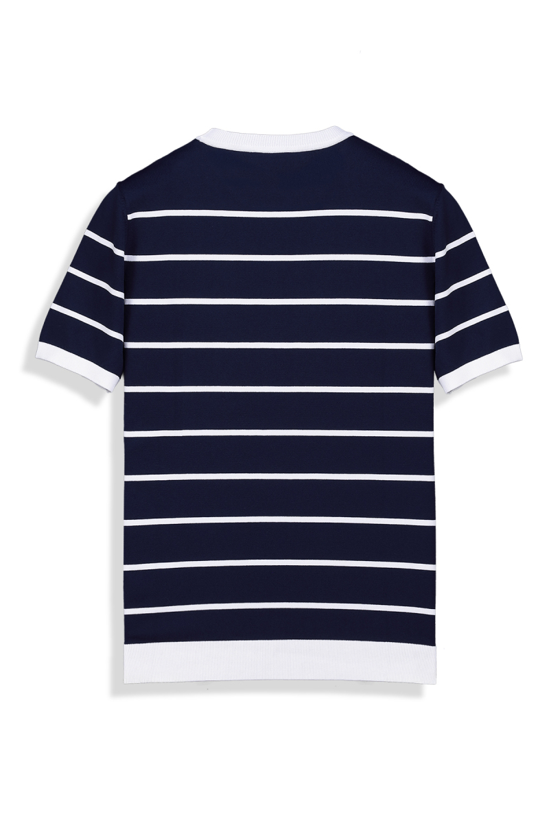 Bisiklet Yaka Çizgili Lacivert Triko Tişört - 3