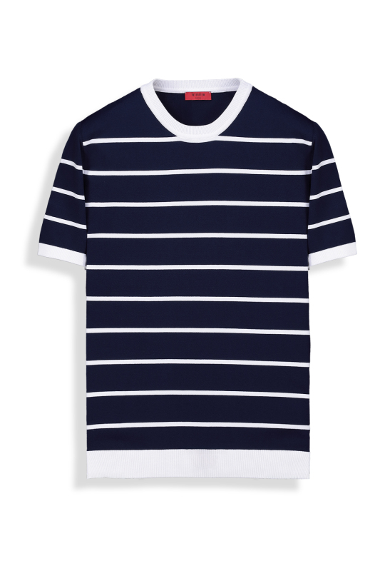 Bisiklet Yaka Çizgili Lacivert Triko Tişört - INTERVIEW