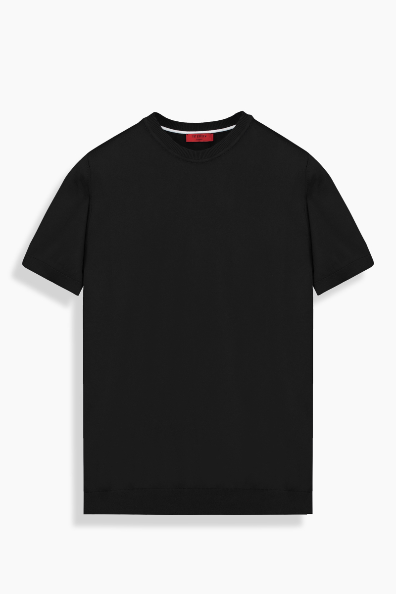 Bisiklet Yaka Kısa Kol Siyah Triko Tişört - 1