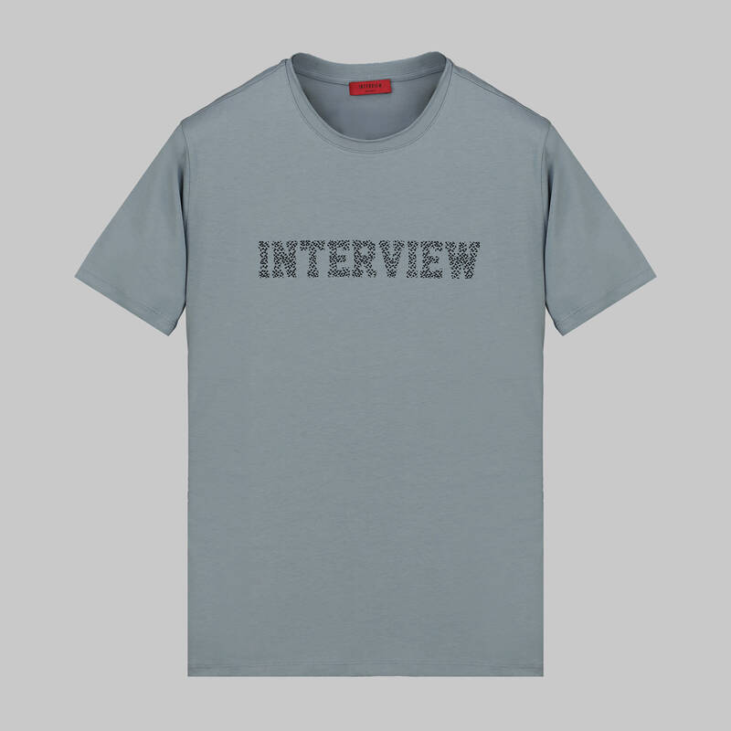 Bisiklet Yaka Baskılı Gri Tişört - 1