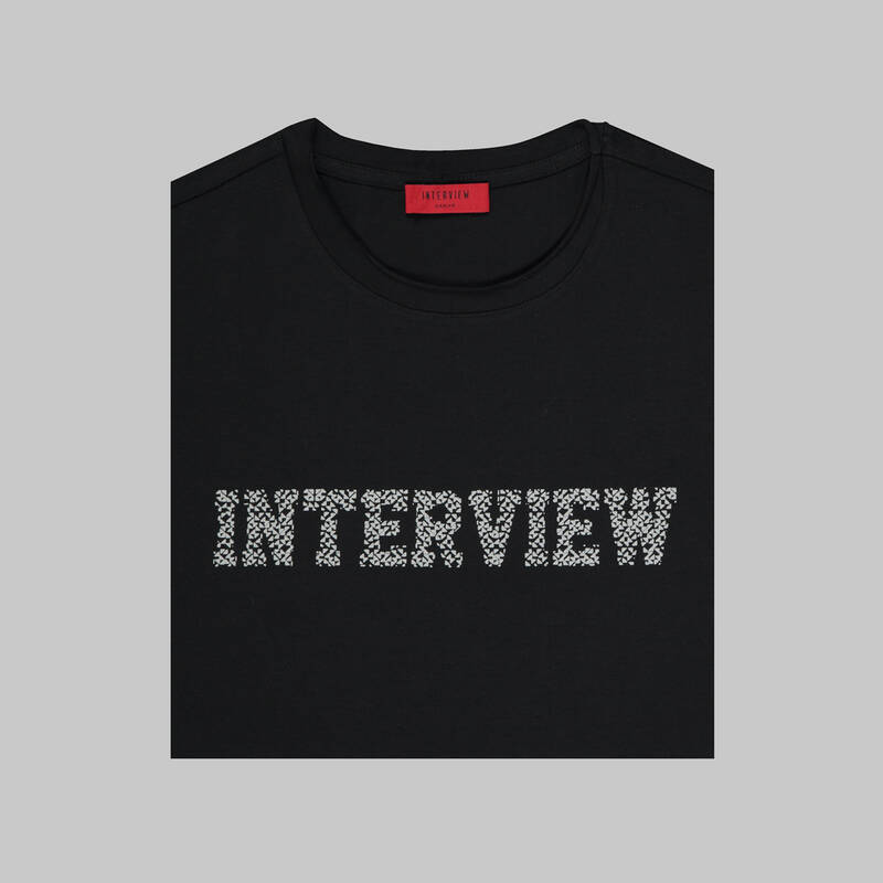 Bisiklet Yaka Baskılı Siyah Tişört - 3