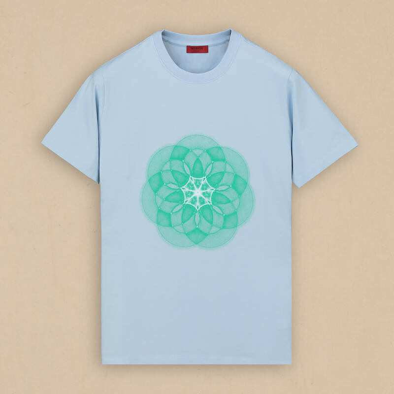 Bisiklet Yaka Önü Desenli Mavi Tişört - 1