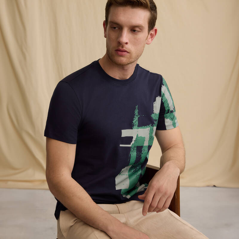 Bisiklet Yaka Pamuklu Lacivert Tişört - 1