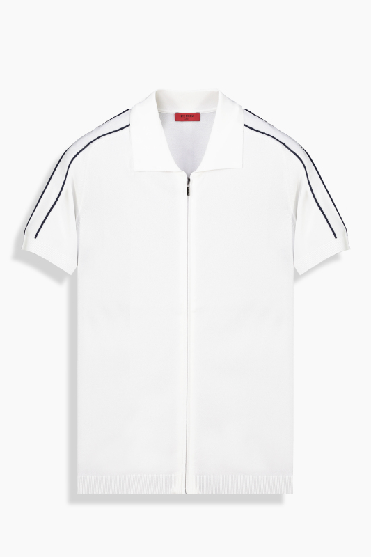 Fermuarlı Polo Yaka Beyaz Triko Tişört 