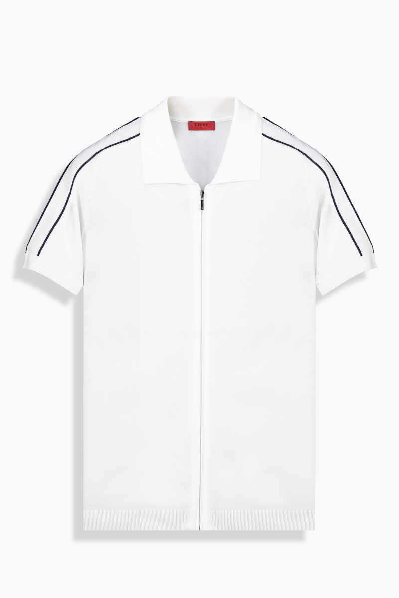 Fermuarlı Polo Yaka Beyaz Triko Tişört - 1