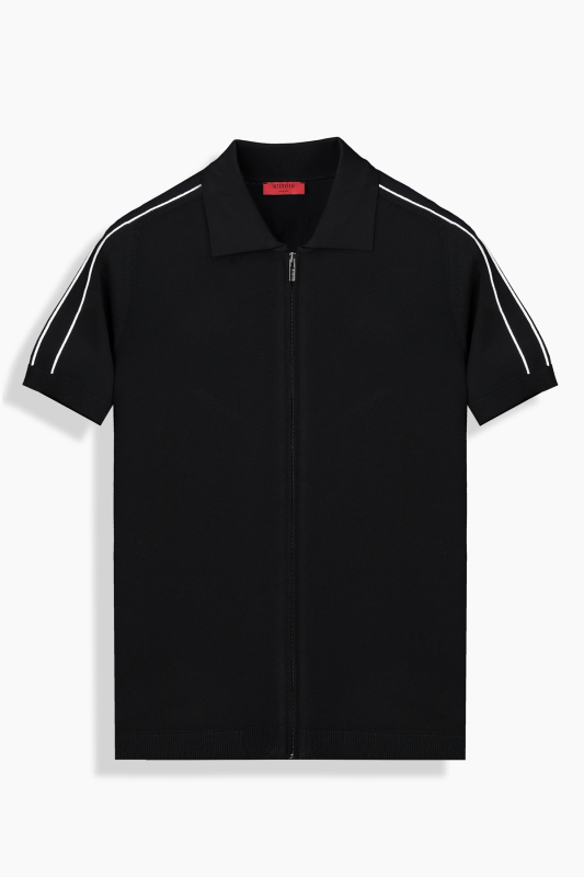 Fermuarlı Polo Yaka Siyah Triko Tişört - INTERVIEW