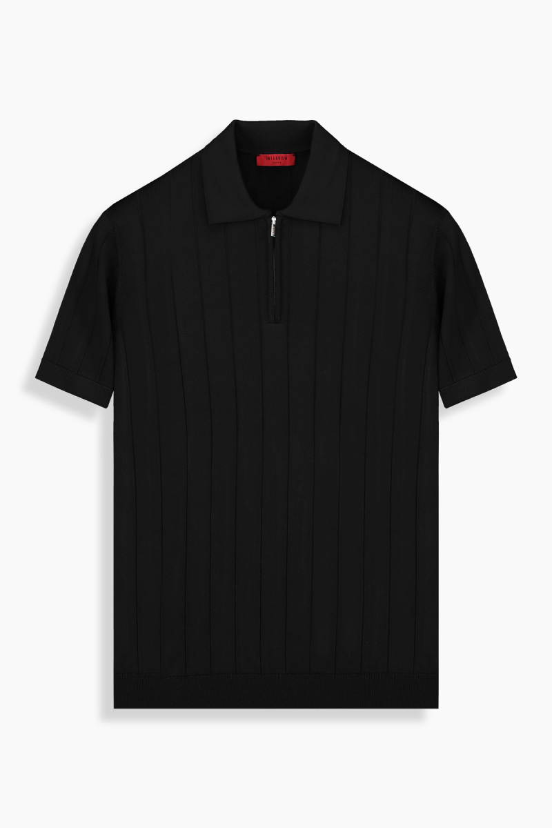 Relax Fit Siyah Fermuarlı Triko Polo Tişört - 1