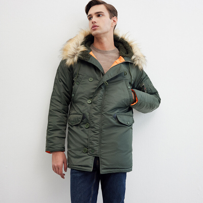 Kürk Kapüşonlu Haki Kaban 