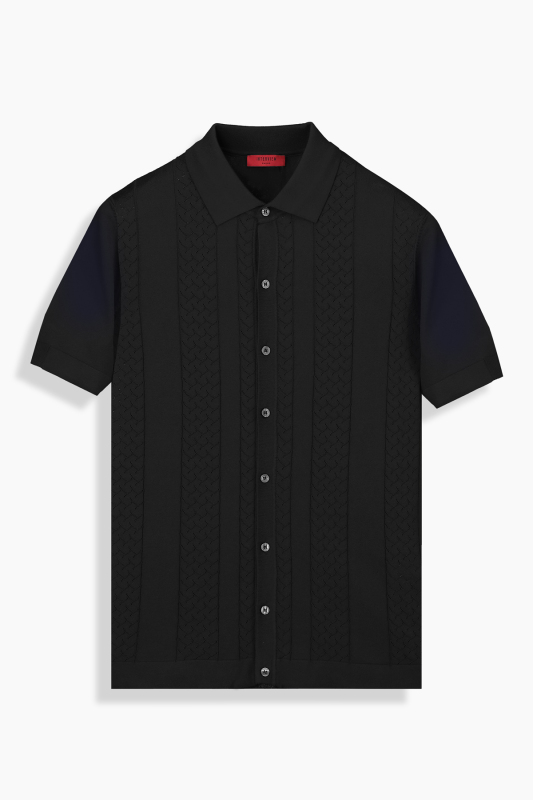 Polo Yaka Düğmeli Siyah Triko Tişört 