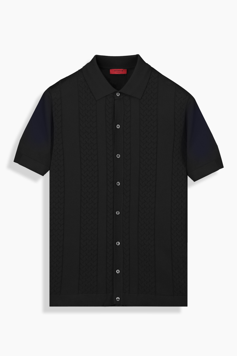 Polo Yaka Düğmeli Siyah Triko Tişört - 1