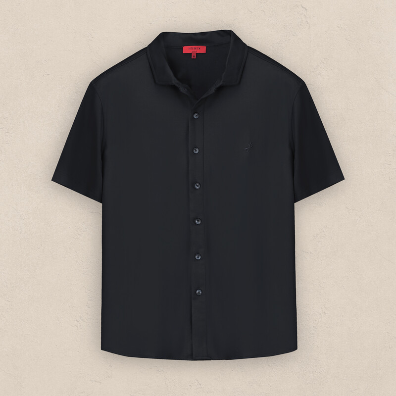 Polo Yaka Kısa Kol Düğmeli Siyah Tişört - INTERVIEW