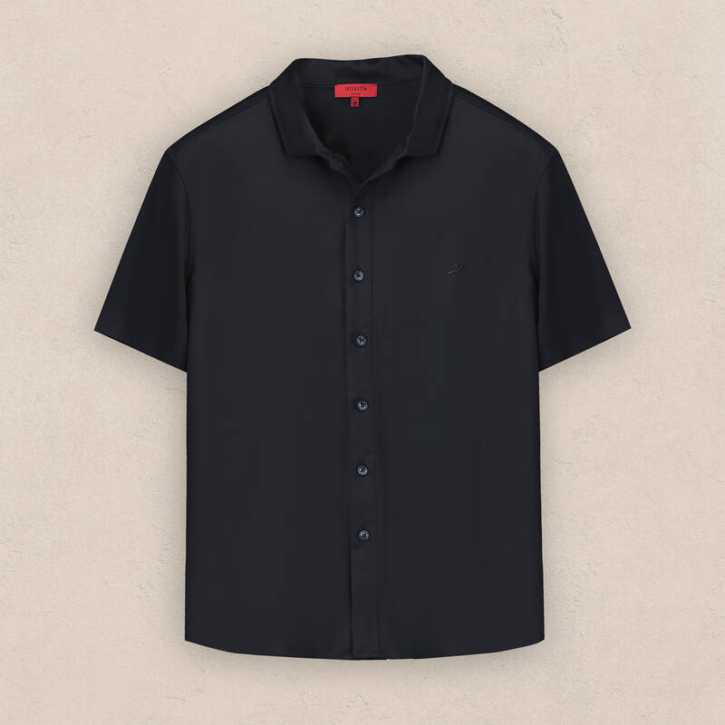 Polo Yaka Kısa Kol Düğmeli Siyah Tişört - 1