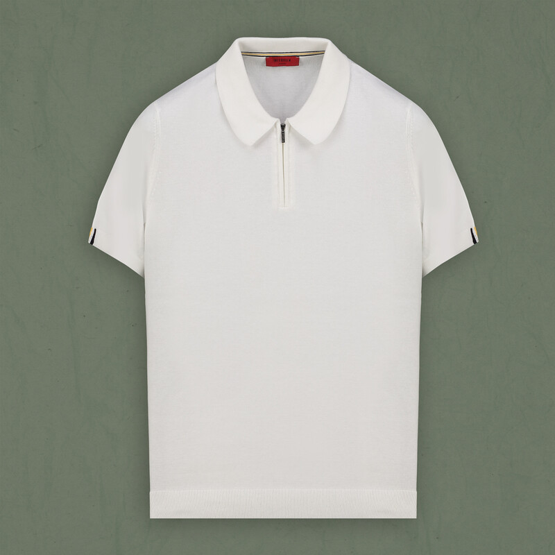 Polo Yaka Fermuarlı Kısa Kol Ekru Triko - INTERVIEW