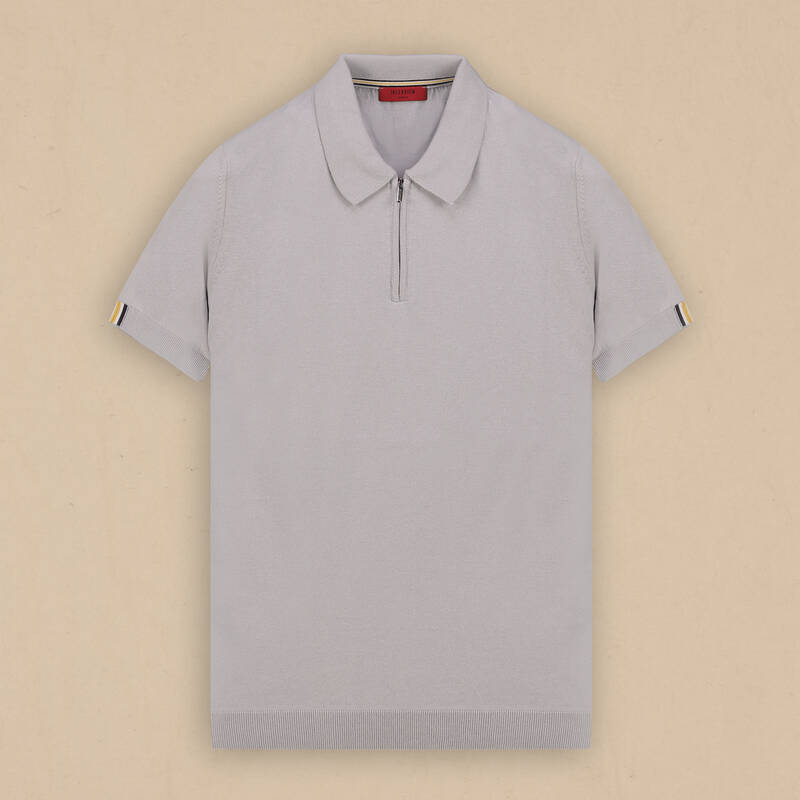 Polo Yaka Fermuarlı Kısa Kol Gri Triko - 1