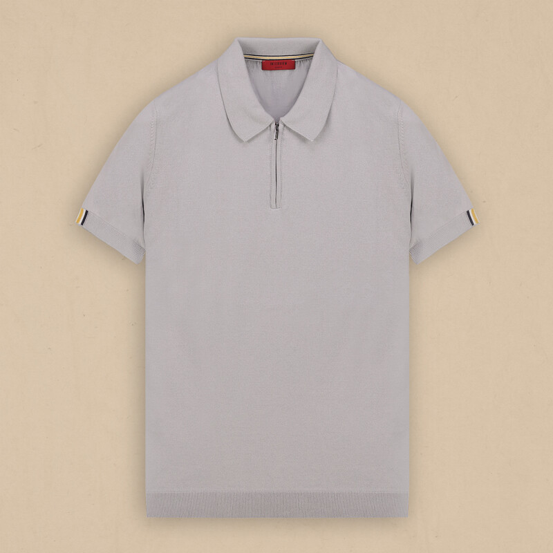 Polo Yaka Fermuarlı Kısa Kol Gri Triko 