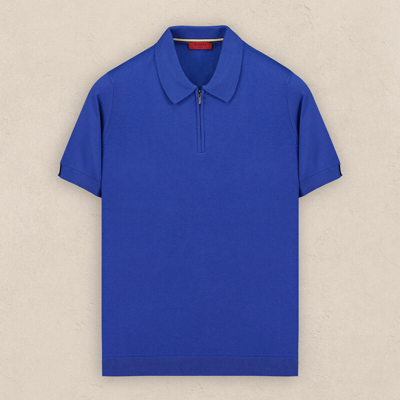 Polo Yaka Fermuarlı Kısa Kol Saks Mavi Triko - INTERVIEW