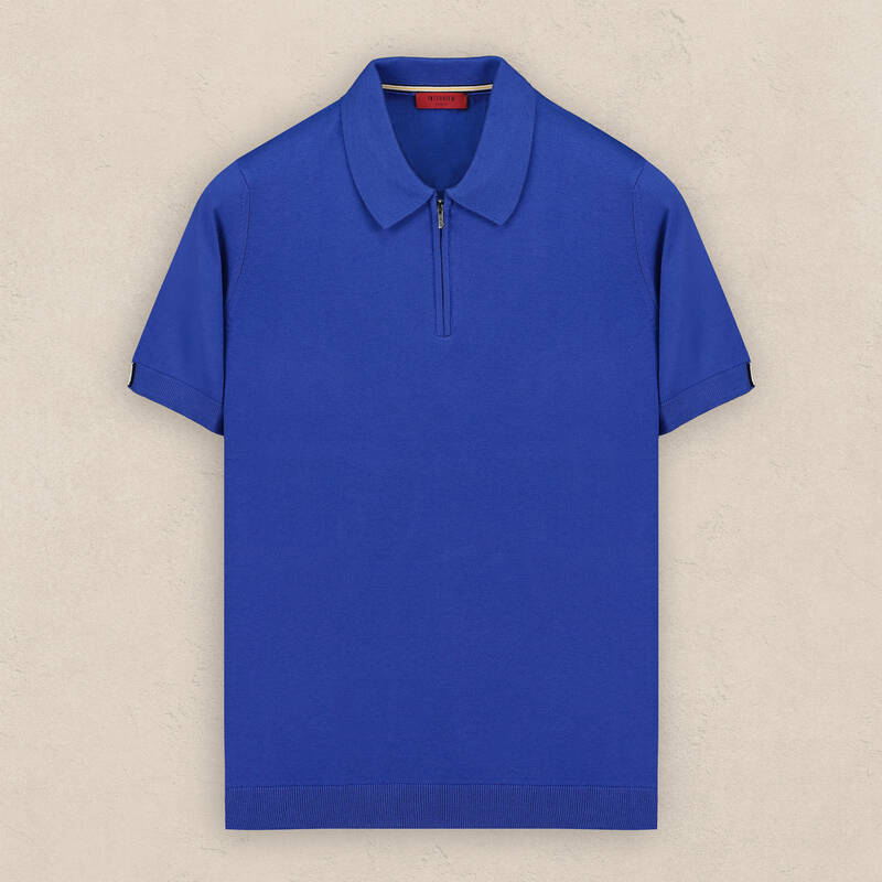 Polo Yaka Fermuarlı Kısa Kol Saks Mavi Triko - 1