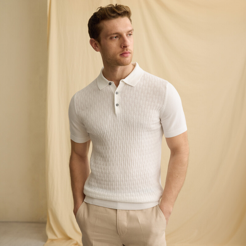 Polo Yaka Desenli Kısa Kol Ekru Triko 