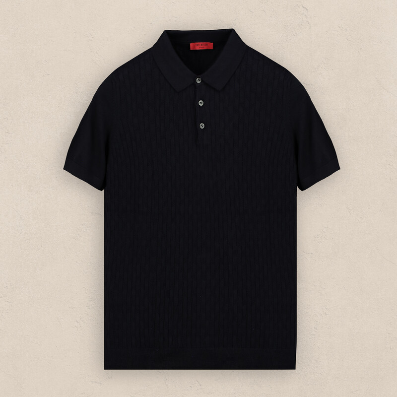 Polo Yaka Desenli Kısa Kol Lacivert Triko 