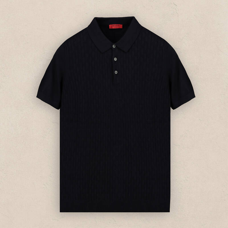 Polo Yaka Desenli Kısa Kol Lacivert Triko - 1