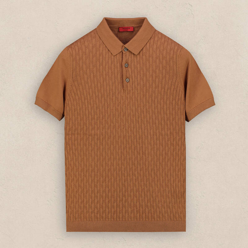 Polo Yaka Desenli Kısa Kol Taba Triko - 2