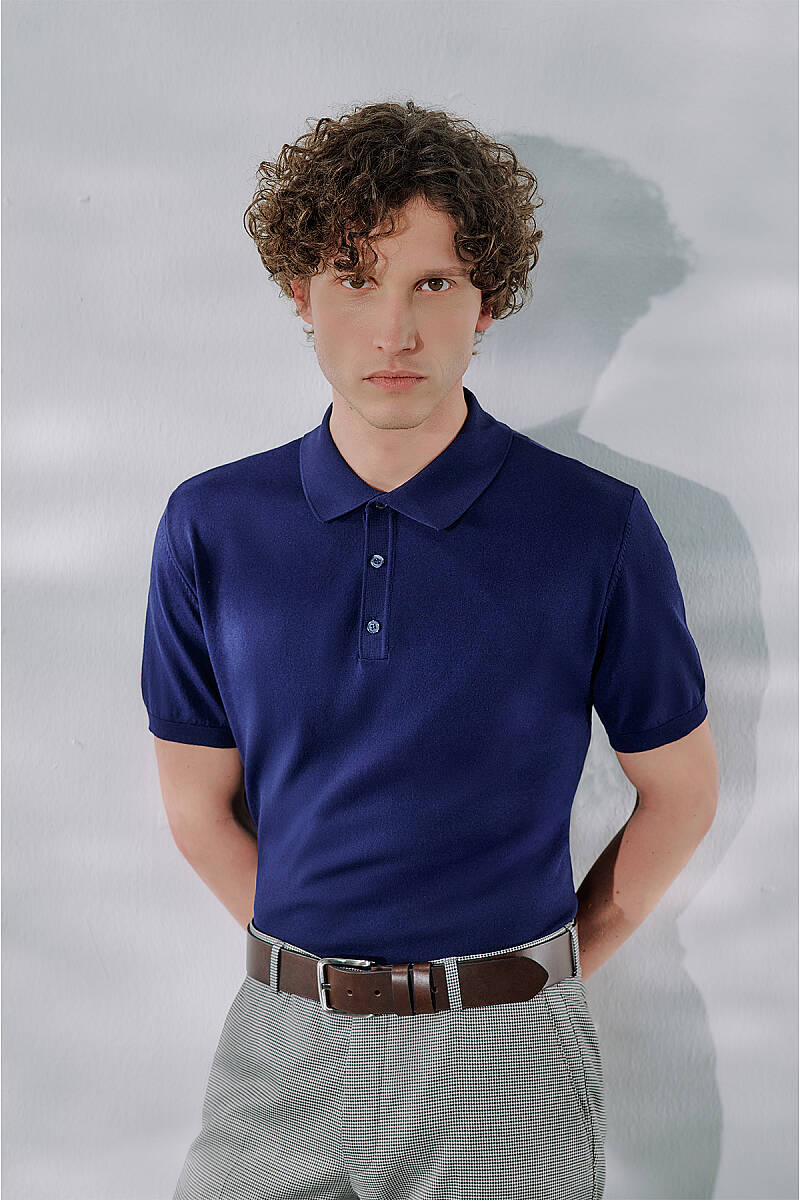 Relax Fit Polo Yaka Lacivert Triko Tişört - 1