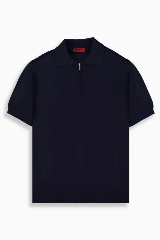 Fermuarlı Polo Yaka Lacivert Triko Tişört - INTERVIEW