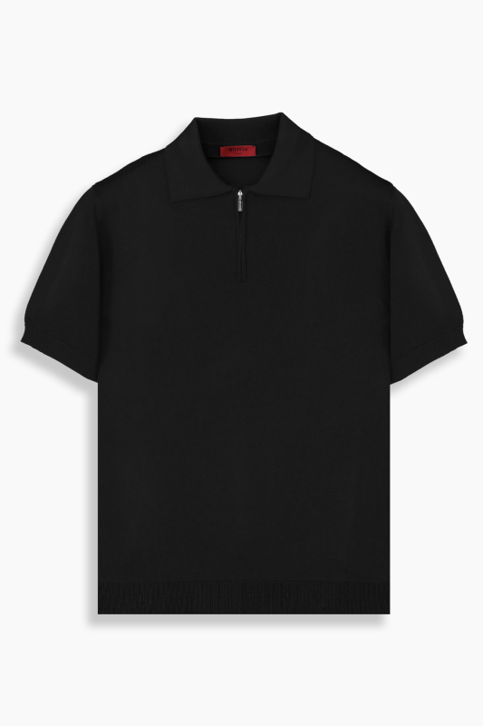 Fermuarlı Polo Yaka Siyah Triko Tişört - INTERVIEW