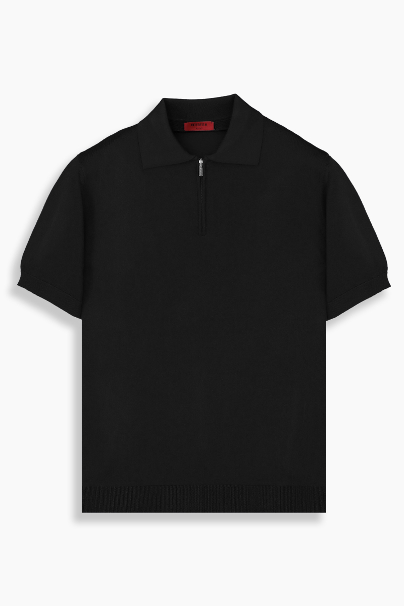 Fermuarlı Polo Yaka Siyah Triko Tişört - 1