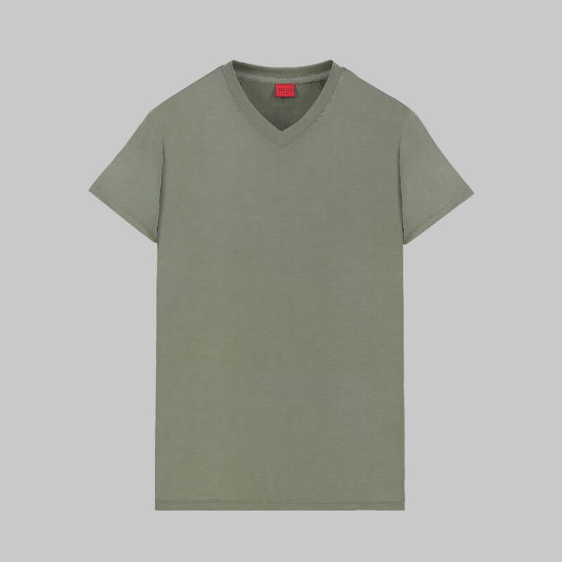 V Yaka Haki Tişört - 1