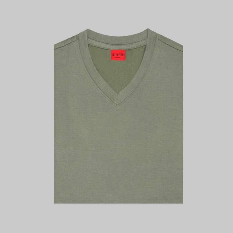 V Yaka Haki Tişört - 3