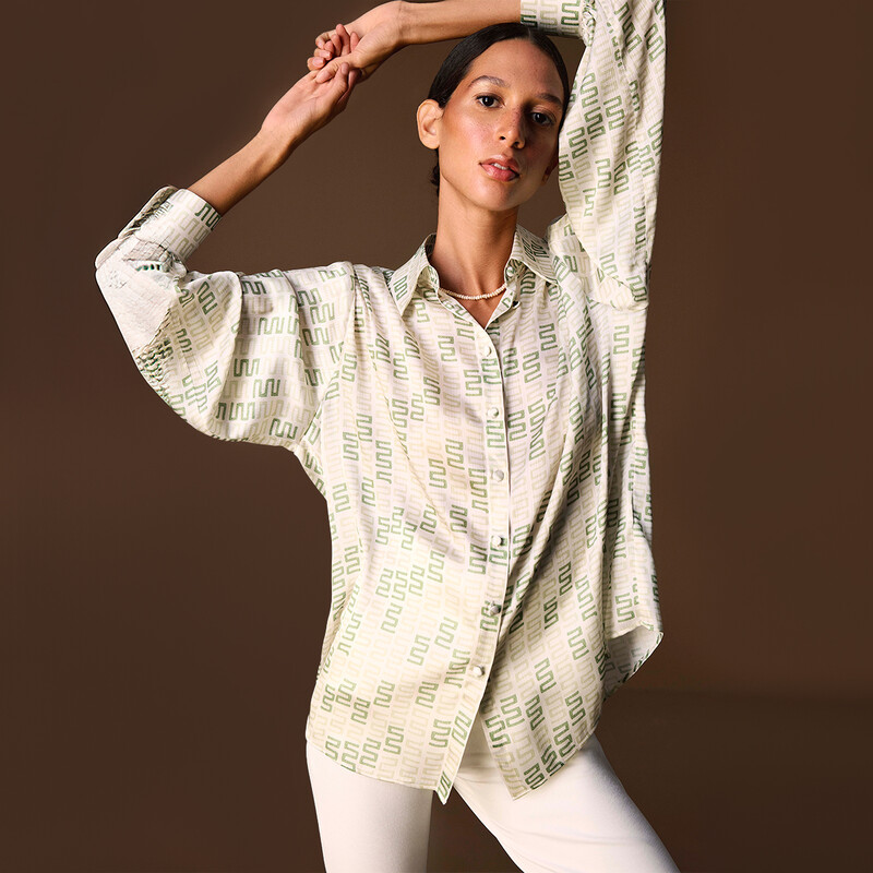 Jadesa Uzun Kol Desenli Yeşil Gömlek - SARAR WOMAN