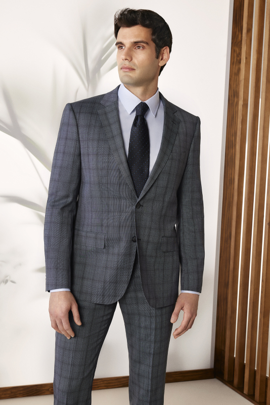 Jam Saxon Regular Fit Kareli Açık Lacivert Takım Elbise 