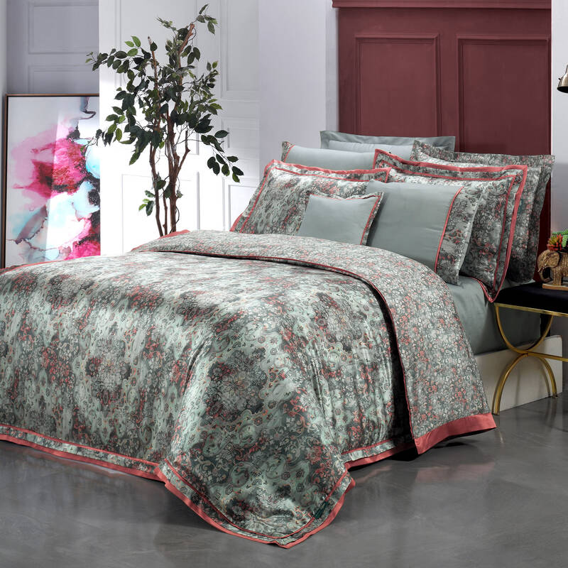 Knidos %100 İpek Saten Çift Kişilik Gri Nevresim Takımı - 1