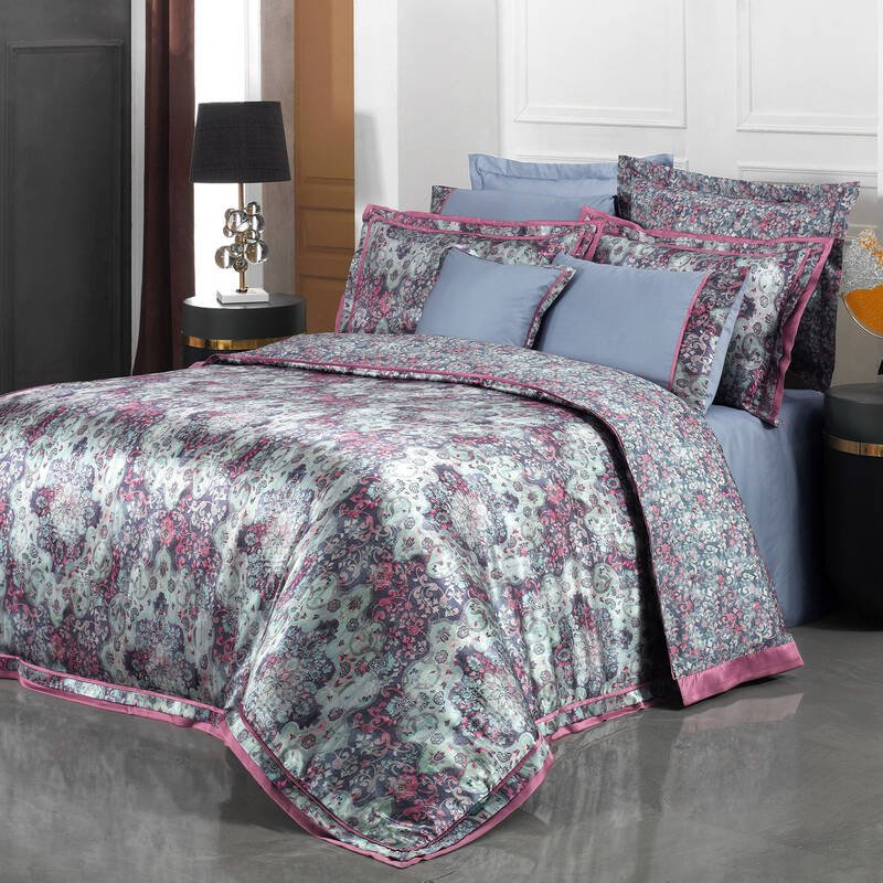 Knidos İpek Saten Çift Kişilik Mavi Nevresim Takımı - 1