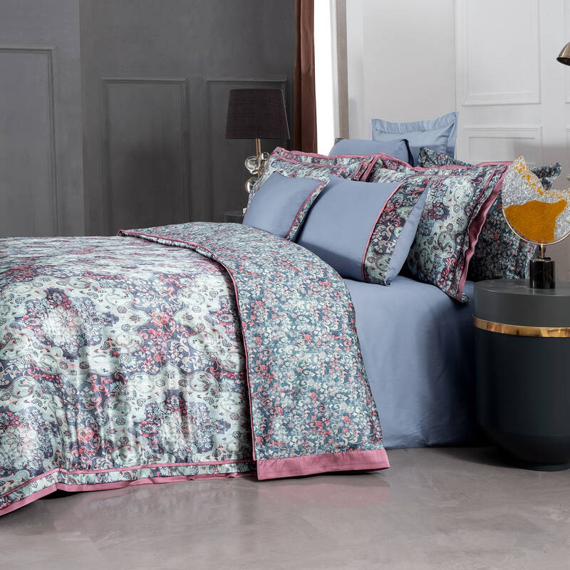 Knidos İpek Saten Çift Kişilik Mavi Nevresim Takımı - 2