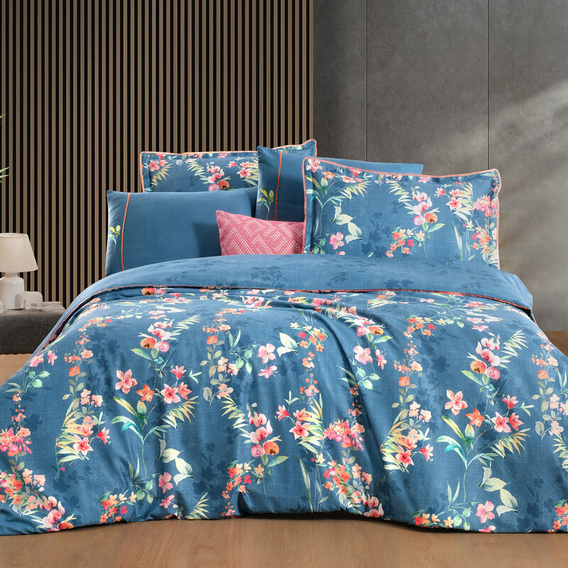 Leticia Pamuk Pamuk Saten Nevresim Takımı Çift Kişilik Mavi 