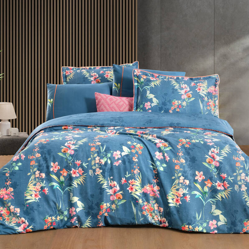 Leticia Pamuk Pamuk Saten Nevresim Takımı Çift Kişilik Mavi - 1