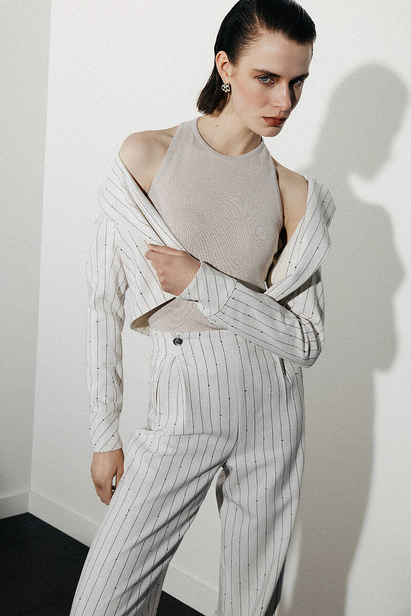 Lora Çizgili Krem Pantolon - 2