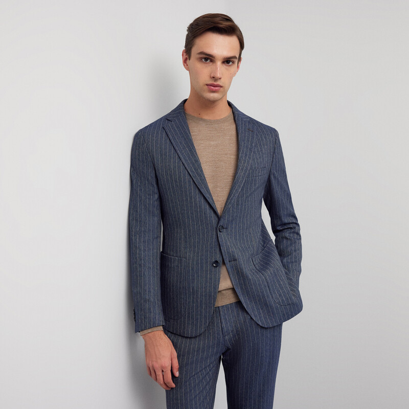 Matteo Ekstra Slim Çizgili İndigo Mavi Ceket 