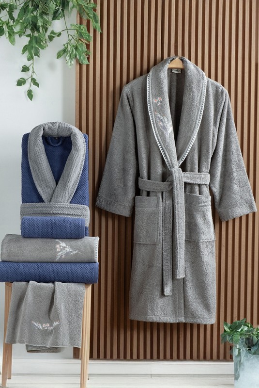 Mood Comfort Gracia Aile Bornoz Havlu Seti Gri Mavi 