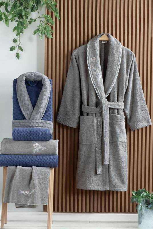 Mood Comfort Gracia Aile Bornoz Havlu Seti Gri Mavi - 1