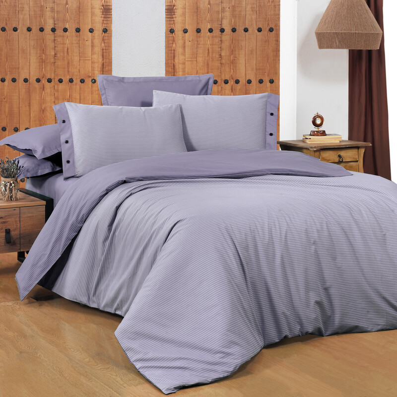 New Fancy Stripe King Size Lila Nevresim Takımı - SAREV