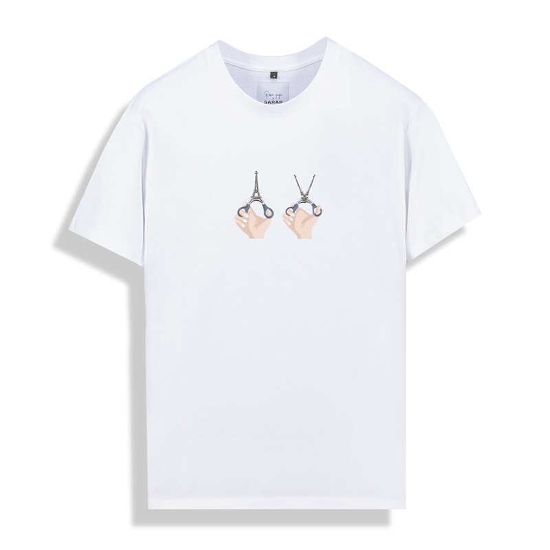 O Yaka Eiffel Makas Tasarım Beyaz Tişört - SARAR
