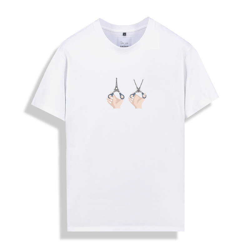 O Yaka Eiffel Makas Tasarım Beyaz Tişört - 2