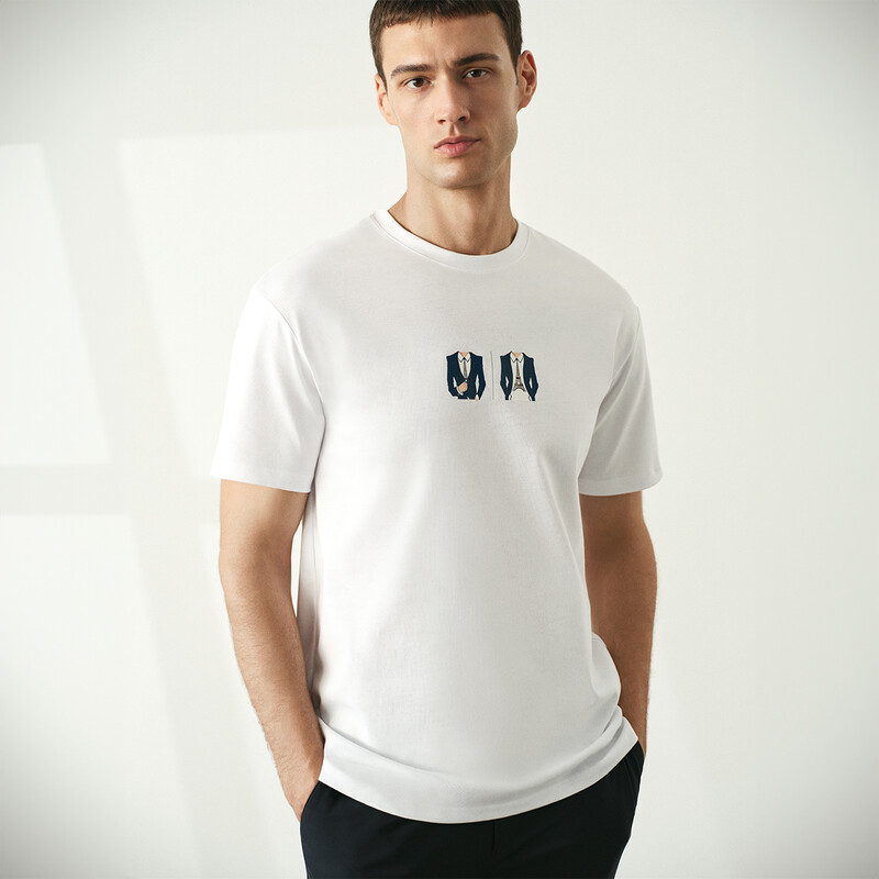 O Yaka Eiffel Takım Tasarım Beyaz Tişört - SARAR