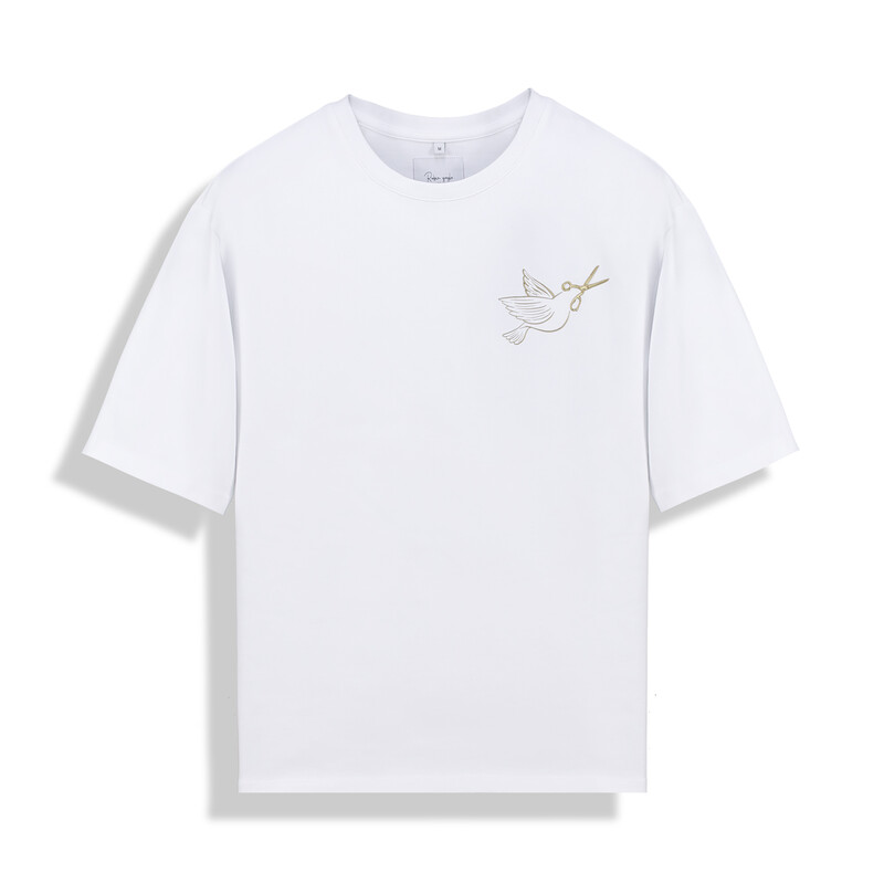 O Yaka Makaslı Kuş Tasarım Beyaz Tişört - SARAR