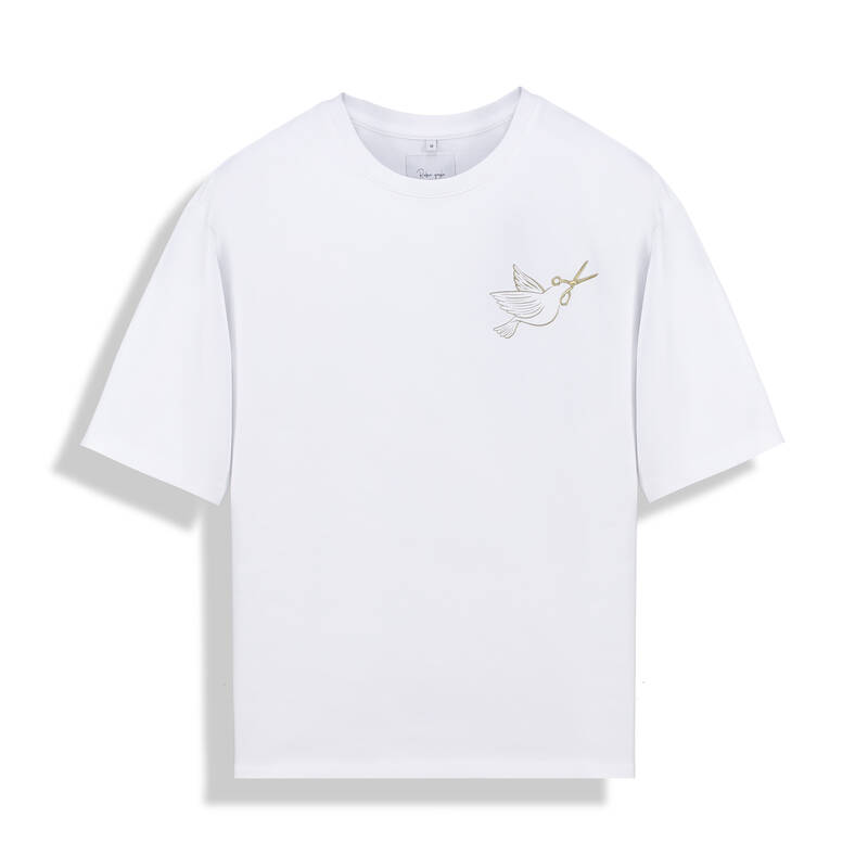 O Yaka Makaslı Kuş Tasarım Beyaz Tişört - 2