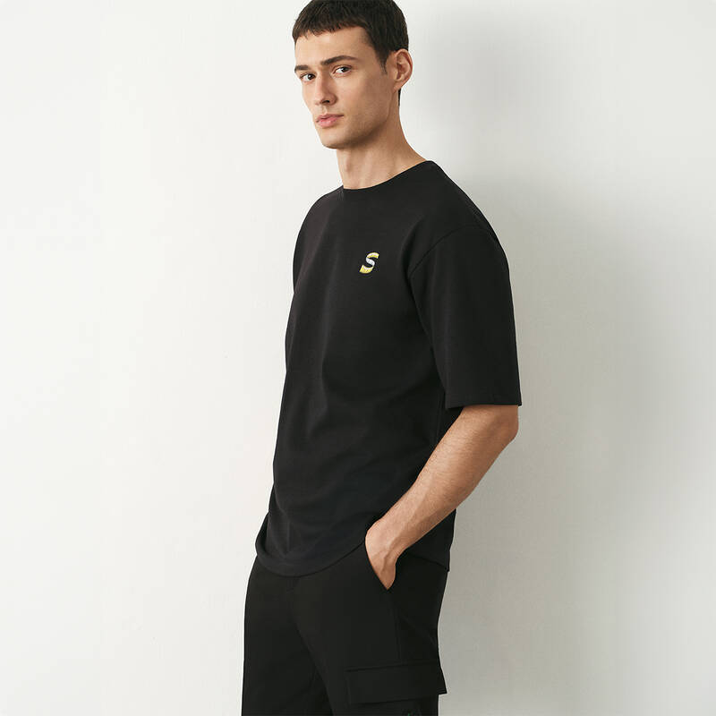 O Yaka Mezura Elbise Tasarım Siyah Tişört - 2