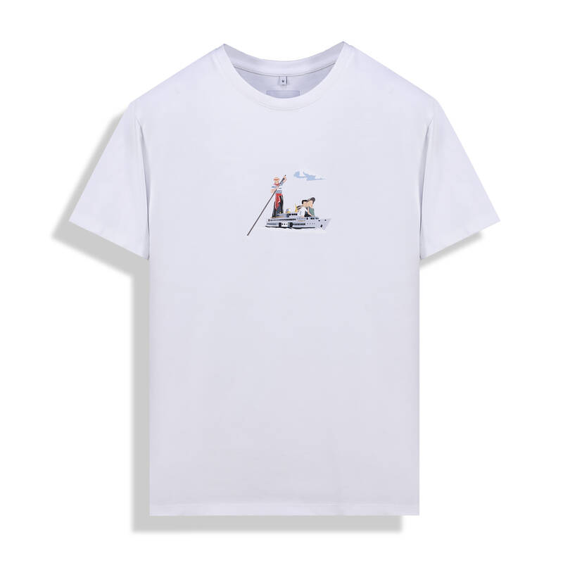 O Yaka Vapur Gondol Tasarım Beyaz Tişört - 1